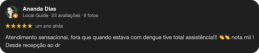 Avaliação de Ananda Dias sobre o atendimento do Dr. Túlio Safar no Google