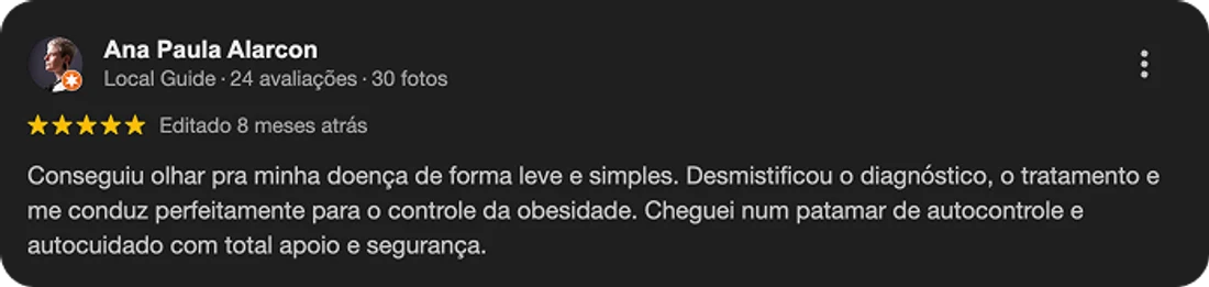 Avaliação de Ana Paula Alarcon sobre o atendimento do Dr. Túlio Safar no Google