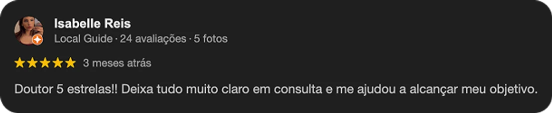 Avaliação de Isabelle Reis sobre o atendimento do Dr. Túlio Safar no Google